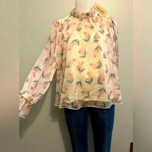lined floral sheer blouse, sz S, cream, pink, green, Spring, Easter - Picture 1 of 11